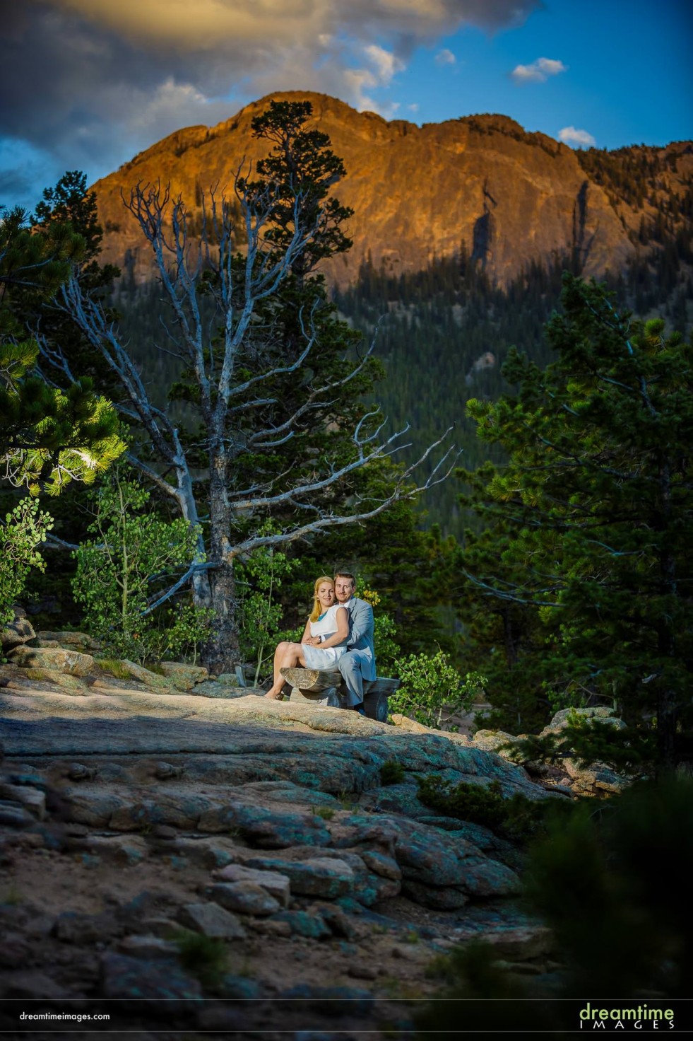 A wedding portrait below the iconic Twin Sisters in Estes Park